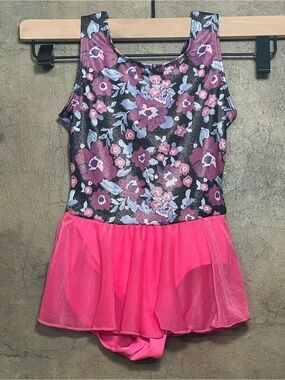 Floral Mesh Dance Leotard with Bright Pink Skirt